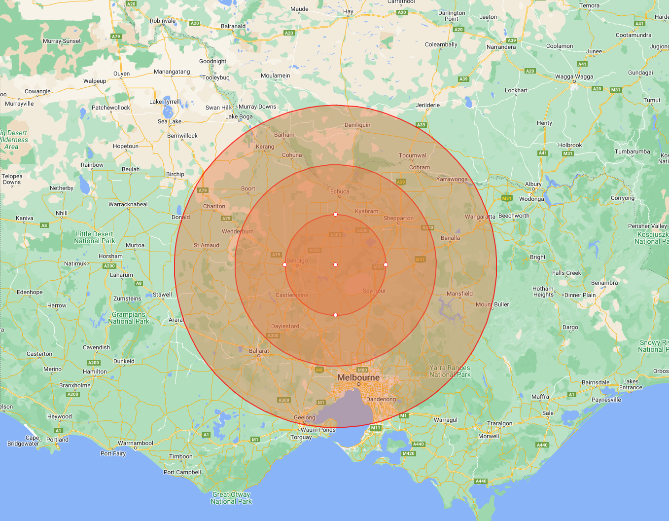 Map of Victoria, Australia, overlaid with concentric circles denoting radii of 50, 100 and 150km from the epicentre of Apulia Grove.